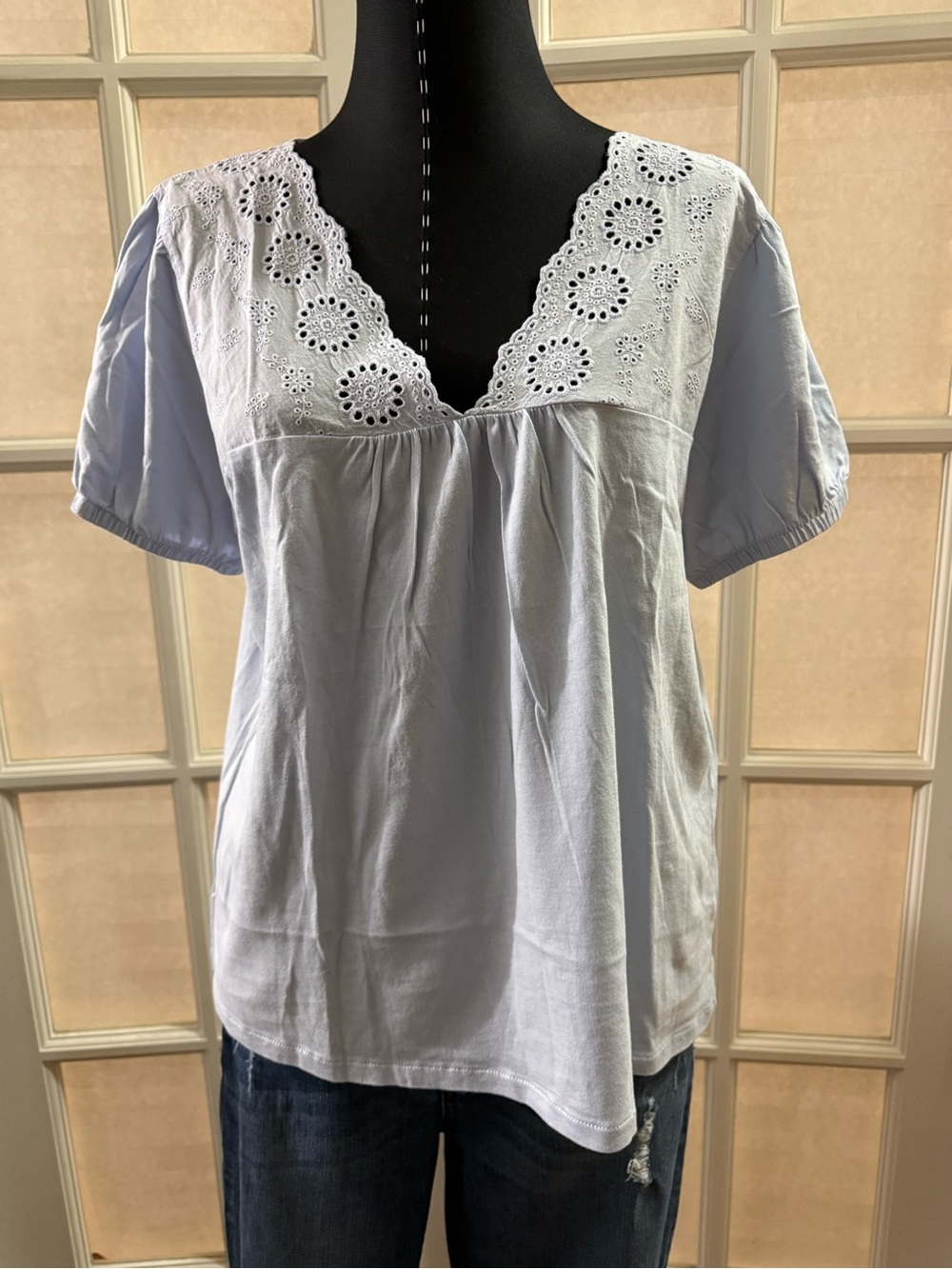 J. Crew Pale Blue Eyelet V-Neck Peasant Top